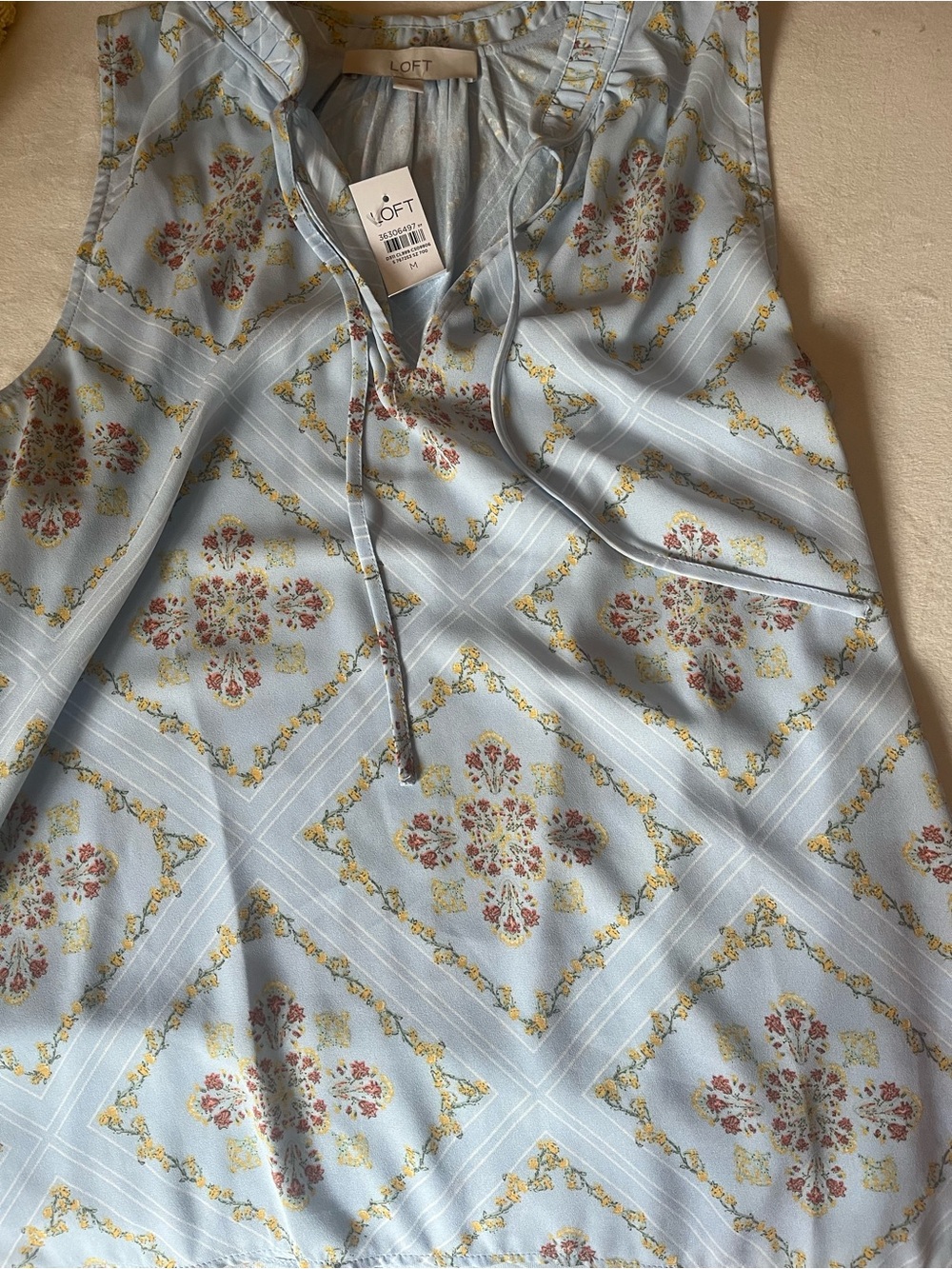LOFT Pale Blue Floral Medallion Tie-Neck Sleeveless Top